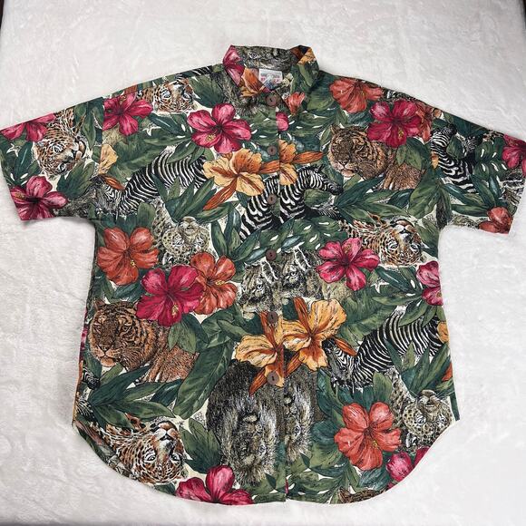 Denim Republic Vintage Safari Tropical Women's Blouse Shirt Size Large AOP Zebra - Picture 1 of 7